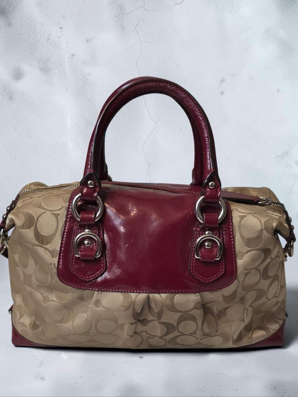 Coach Ashley Signature Satchel in Burgundy Patent Leather - Picture 5 of 9